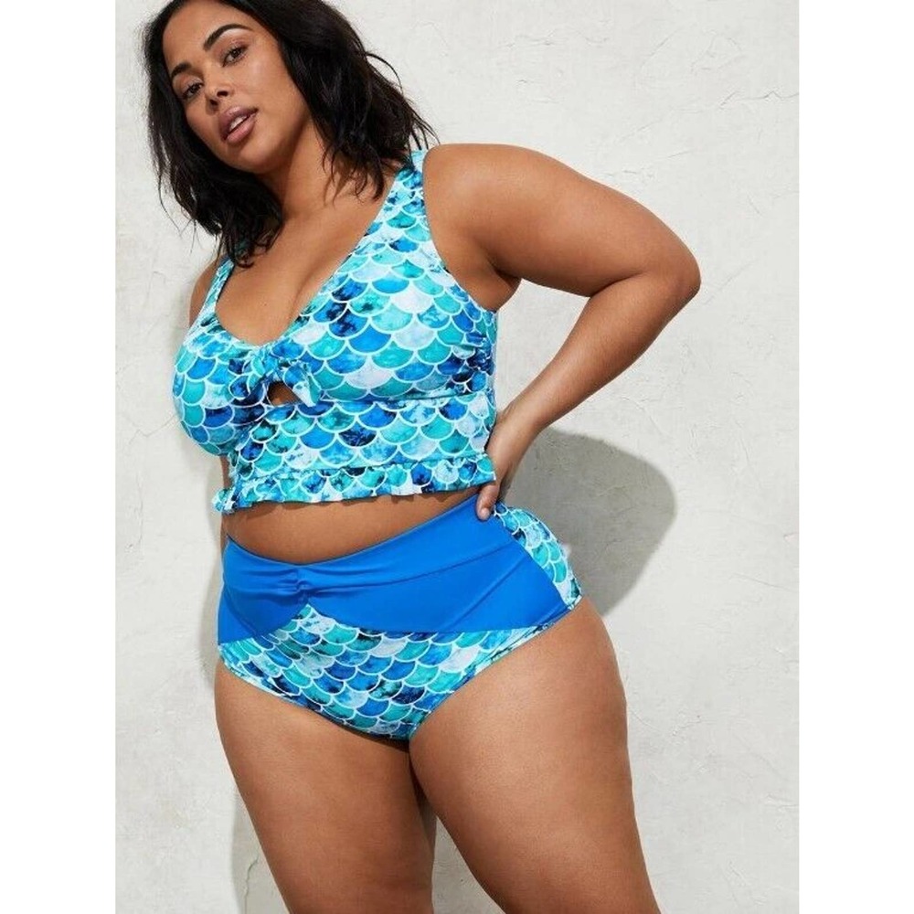 Torrid Bikini Top 3 3X 22-24 Mermaid Ruffle Midkini Blue Tie Front Soft Cup Swim
